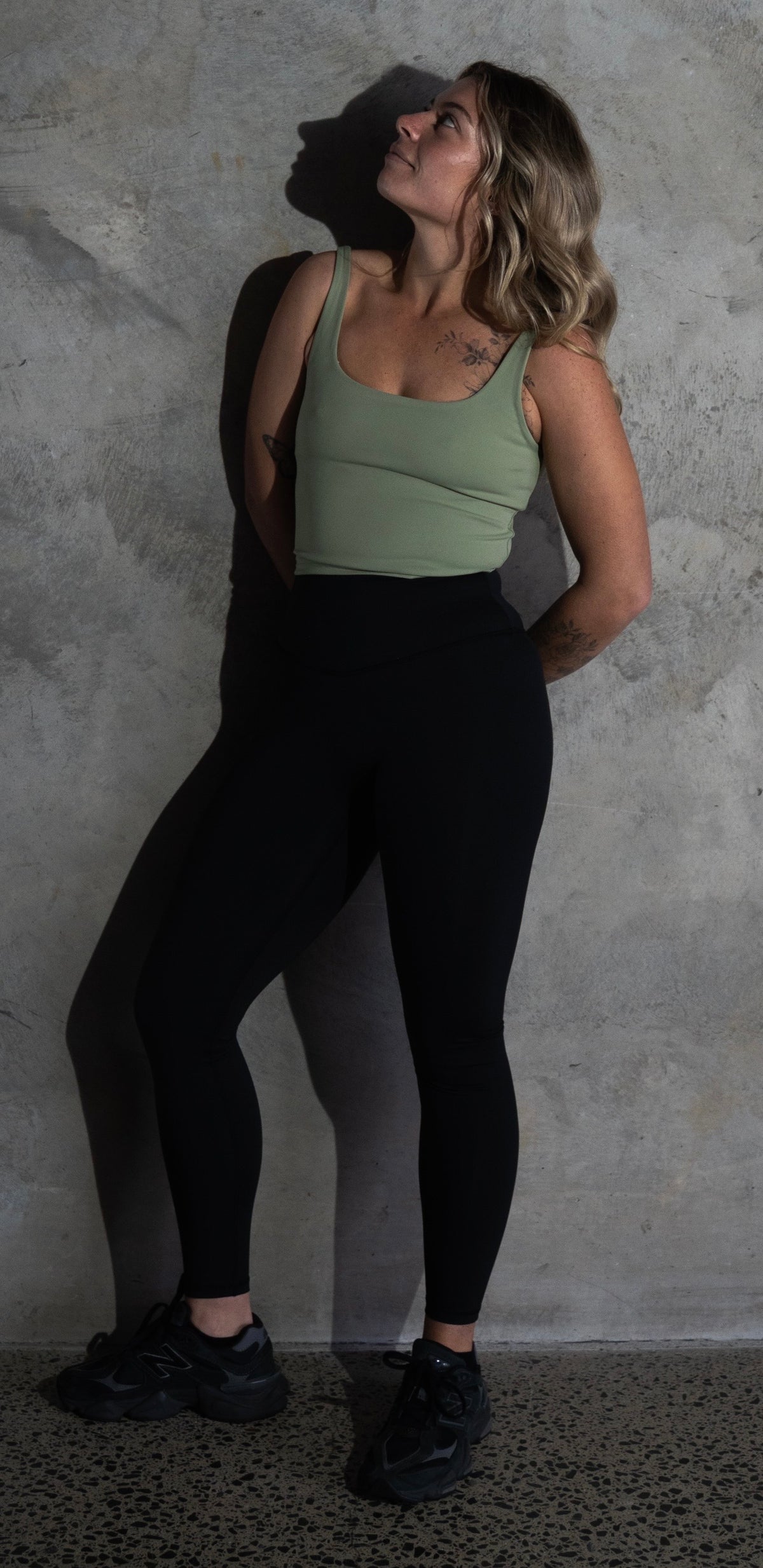 Sage green crop active tank with built in support