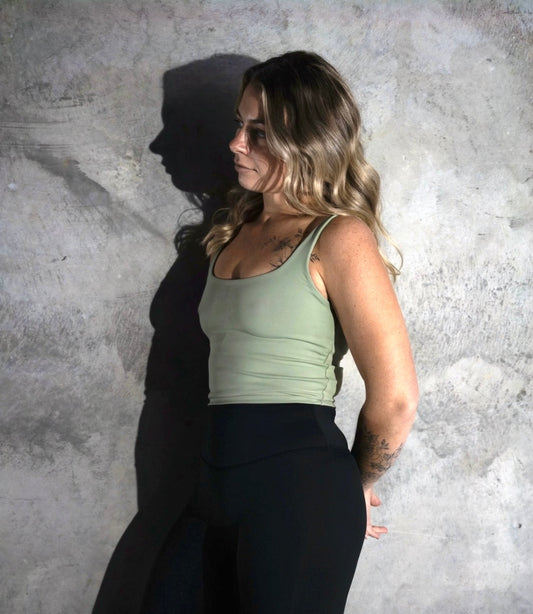 Sage green crop active tank with built in support