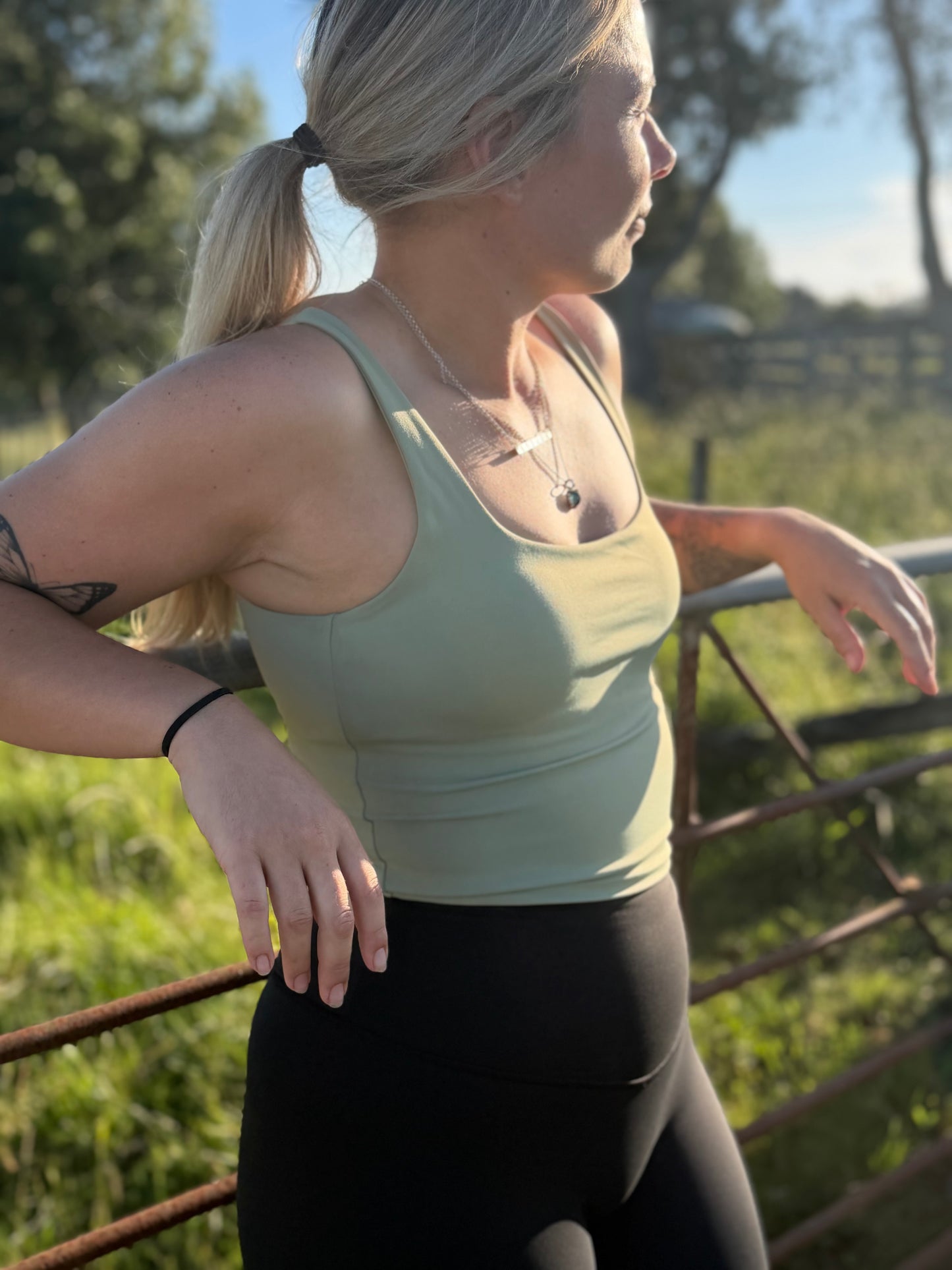 Sage green crop active tank